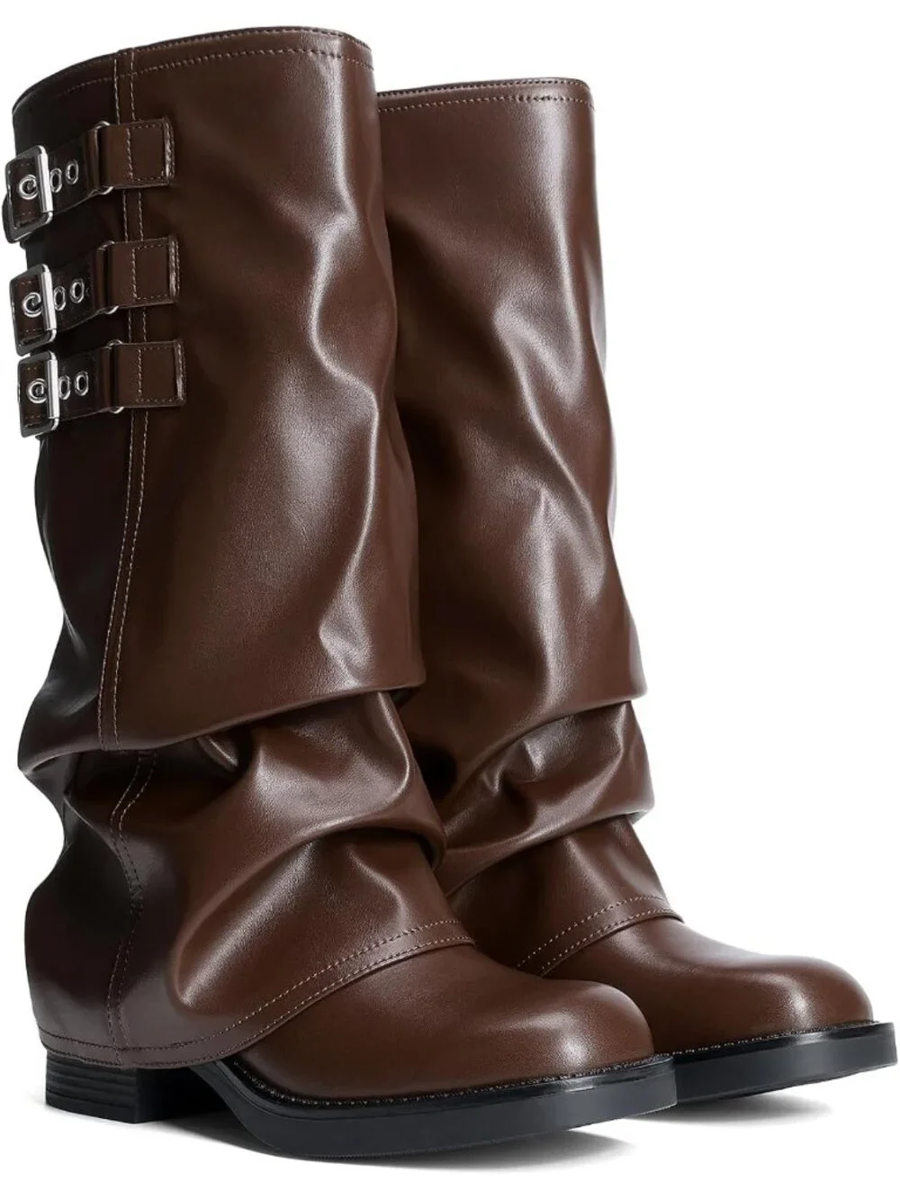 Women's Brown Fashion Adjustable Buckle Low Chunky Heel Comfort Slouchy Boots